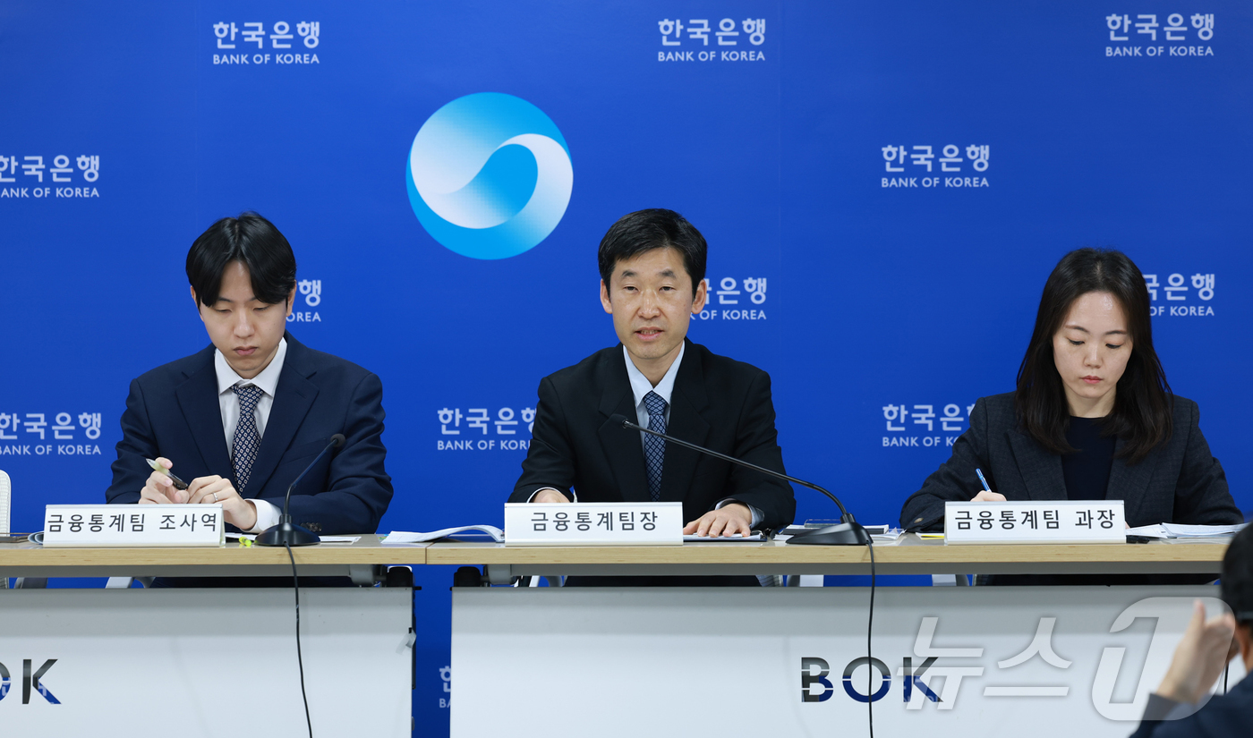 (서울=뉴스1) = 18일 오전 서울 중구 한국은행에서 2025년 3/4분기 가계신용(잠정) 설명회가 열리고 있다. 왼쪽부터 윤석규 금융통계팀 조사역, 김민수 금융통계팀장, 배지현 …