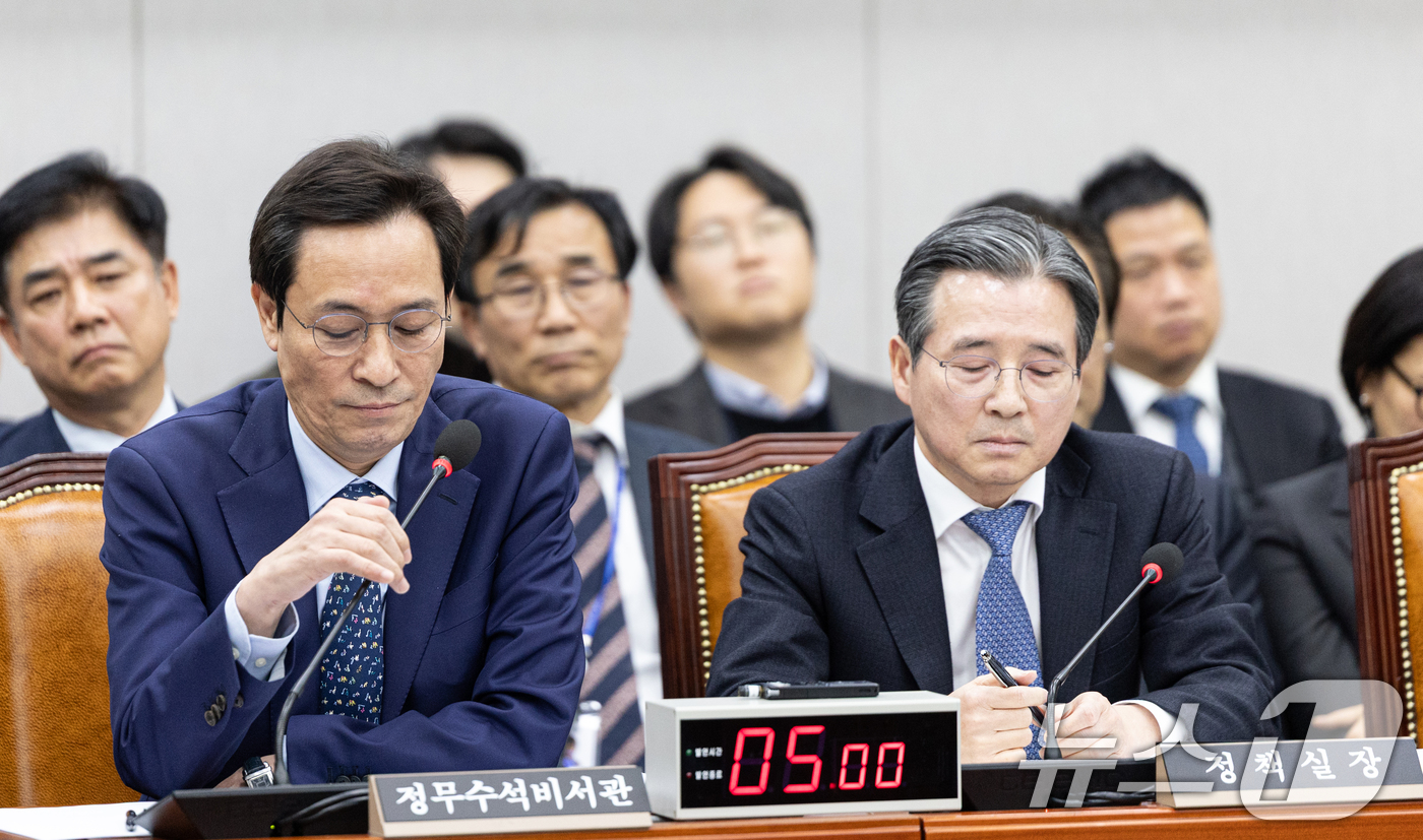 (서울=뉴스1) 이승배 기자 = 김용범 대통령실 정책실장이 18일 서울 여의도 국회에서 열린 제429회국회(정기회) 운영위원회 제5차 전체회의에서 김은혜 국민의힘 의원의 질의에 반 …