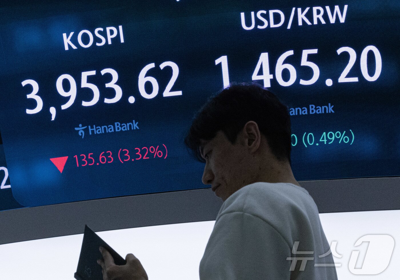 본문 이미지 - 18일 오후 서울 중구 하나은행 본점 딜링룸 전광판에 증시 종가가 표시되고 있다. . 2025.11.18/뉴스1 ⓒ News1 이재명 기자
