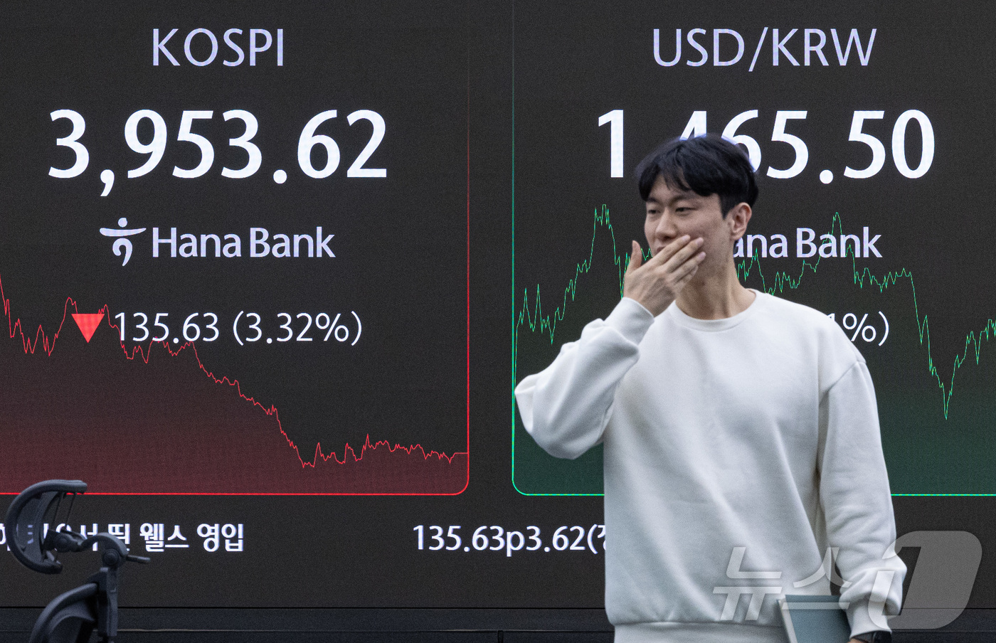 (서울=뉴스1) 이재명 기자 = 18일 오후 서울 중구 하나은행 본점 딜링룸 전광판에 증시 종가가 표시되고 있다.이날 코스피 지수는 전 거래일 대비 135.63p(3.32%) 하락 …