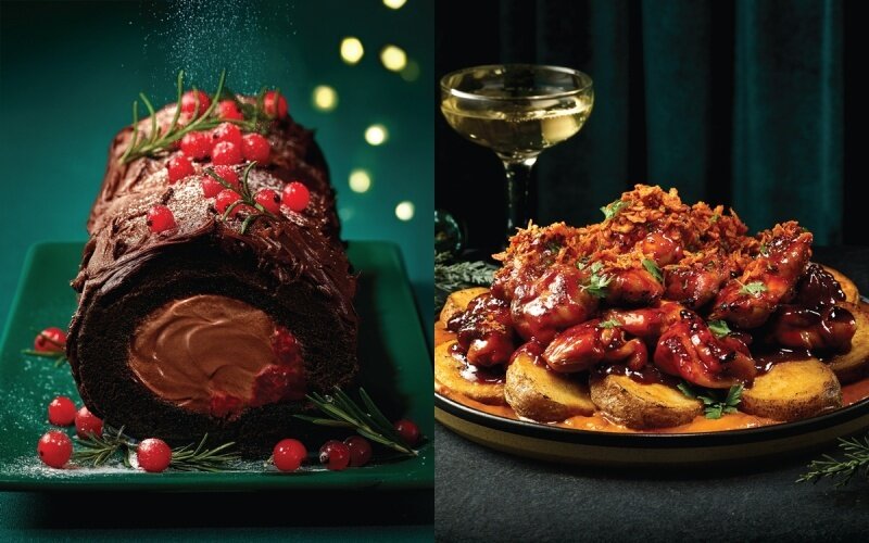 본문 이미지 - 부쉬드 노엘 케이크&#40;왼쪽&#41;와 하바네로 치킨&#40;애슐리퀸즈 제공&#41;