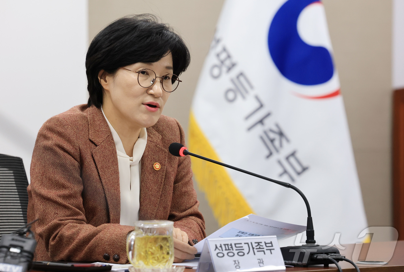 (서울=뉴스1) 임세영 기자 = 원민경 성평등가족부 장관이 18일 서울 종로구 정부서울청사에서 열린 장애인 지원기관 관련 성폭력 방지 대응 관계부처 회의에서 모두발언을 하고 있다. …