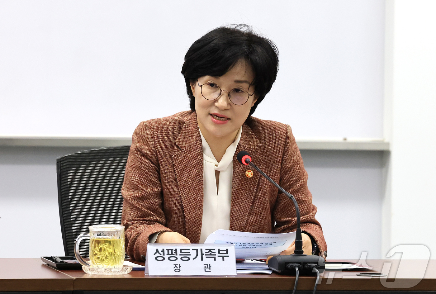(서울=뉴스1) 임세영 기자 = 원민경 성평등가족부 장관이 18일 서울 종로구 정부서울청사에서 열린 장애인 지원기관 관련 성폭력 방지 대응 관계부처 회의에서 모두발언을 하고 있다. …