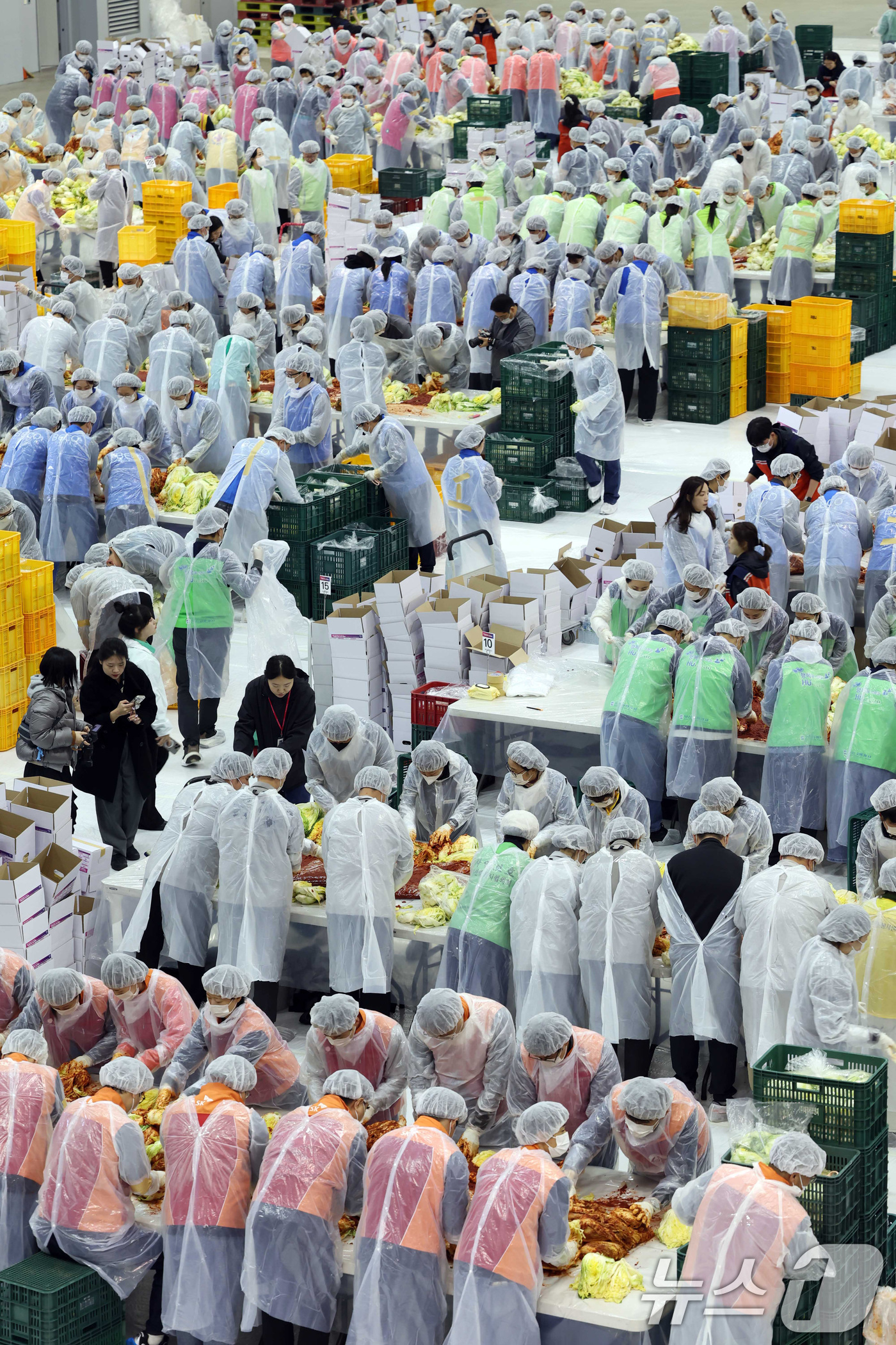 (부산=뉴스1) 윤일지 기자 = 19일 부산 해운대구 벡스코 제2전시장에서 열린 '2025 사랑의 김치나눔 한마당'에서 자원봉사자들이 김장을 하고 있다.후원 기업·기관 임직원, 자 …