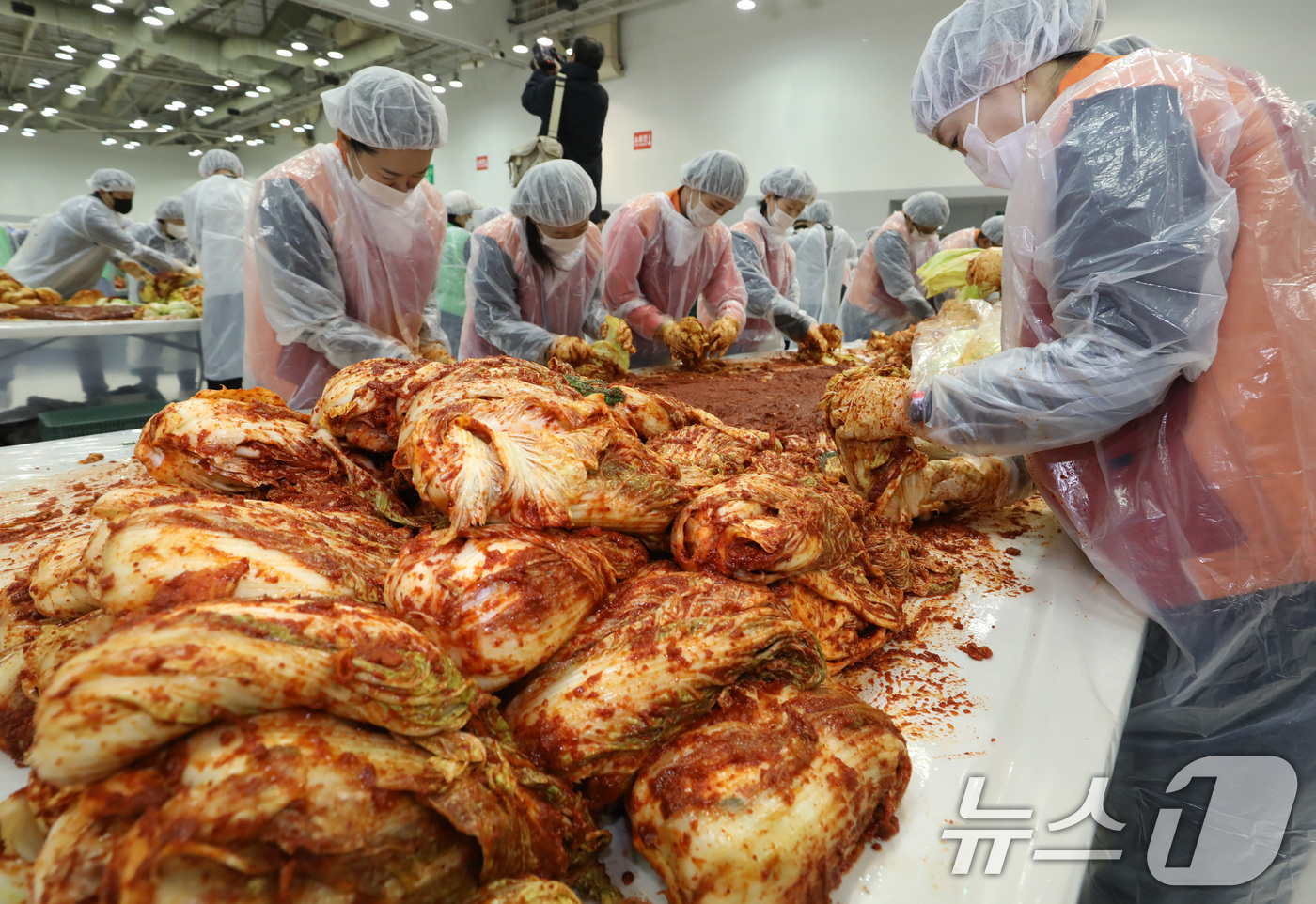 (부산=뉴스1) 윤일지 기자 = 19일 부산 해운대구 벡스코 제2전시장에서 열린 '2025 사랑의 김치나눔 한마당'에서 자원봉사자들이 김장을 하고 있다.후원 기업·기관 임직원, 자 …