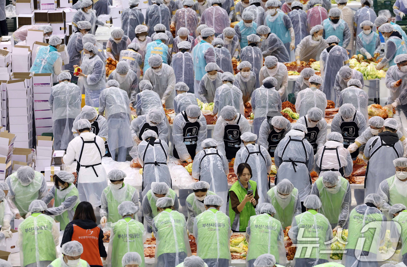 (부산=뉴스1) 윤일지 기자 = 19일 부산 해운대구 벡스코 제2전시장에서 열린 '2025 사랑의 김치나눔 한마당'에서 자원봉사자들이 김장을 하고 있다.후원 기업·기관 임직원, 자 …