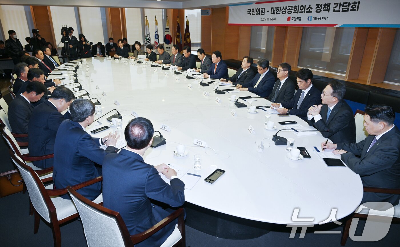 본문 이미지 - 최태원 대한상공회의소 회장이 19일 서울 중구 대한상의에서 열린 정책 간담회에서 모두발언을 하고 있다. (공동취재) 2025.11.19/뉴스1 ⓒ News1 박지혜 기자