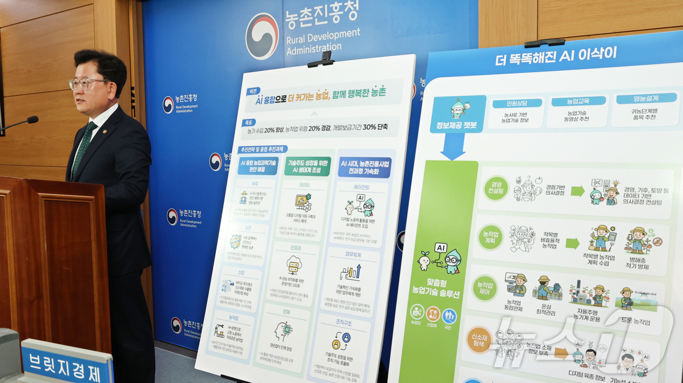 (세종=뉴스1) 김기남 기자 = 이승돈 농림축산식품부 농촌진흥청장이 19일 세종시 정부세종청사에서 농업과학기술 인공지능(AI) 융합 전략을 발표하고 있다. 2025.11.19/뉴스 …