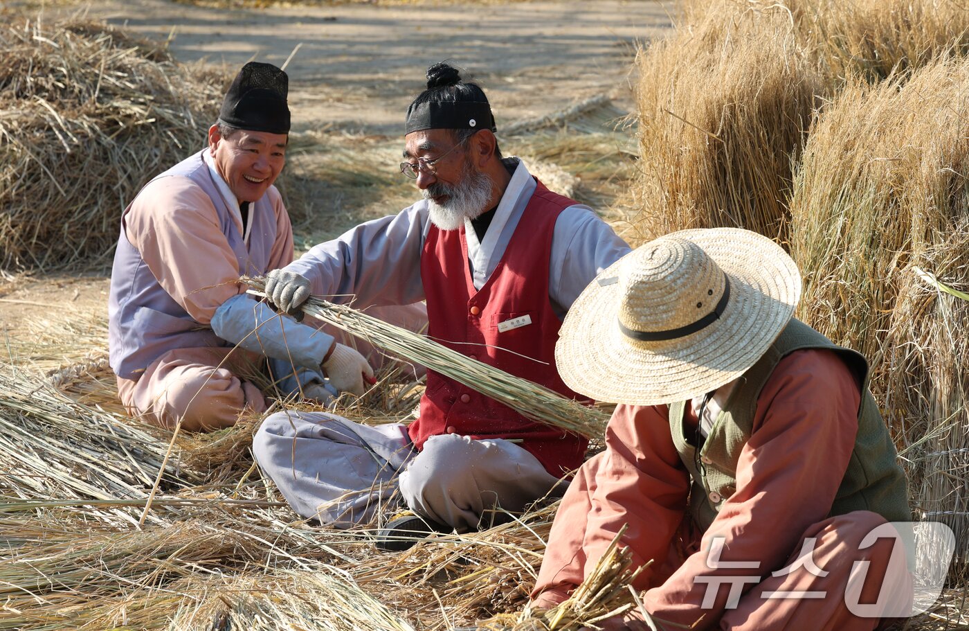 본문 이미지 - 절기상 소설&#40;小雪&#41;을 사흘 앞둔 19일 경기 용인시 기흥구 한국민속촌에서 직원들이 초가지붕 위에 올릴 이엉 잇기 작업을 하며 월동 준비를 하고 있다. 2025.11.19/뉴스1 ⓒ News1 김영운 기자