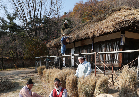 초가지붕 이엉 잇기 작업