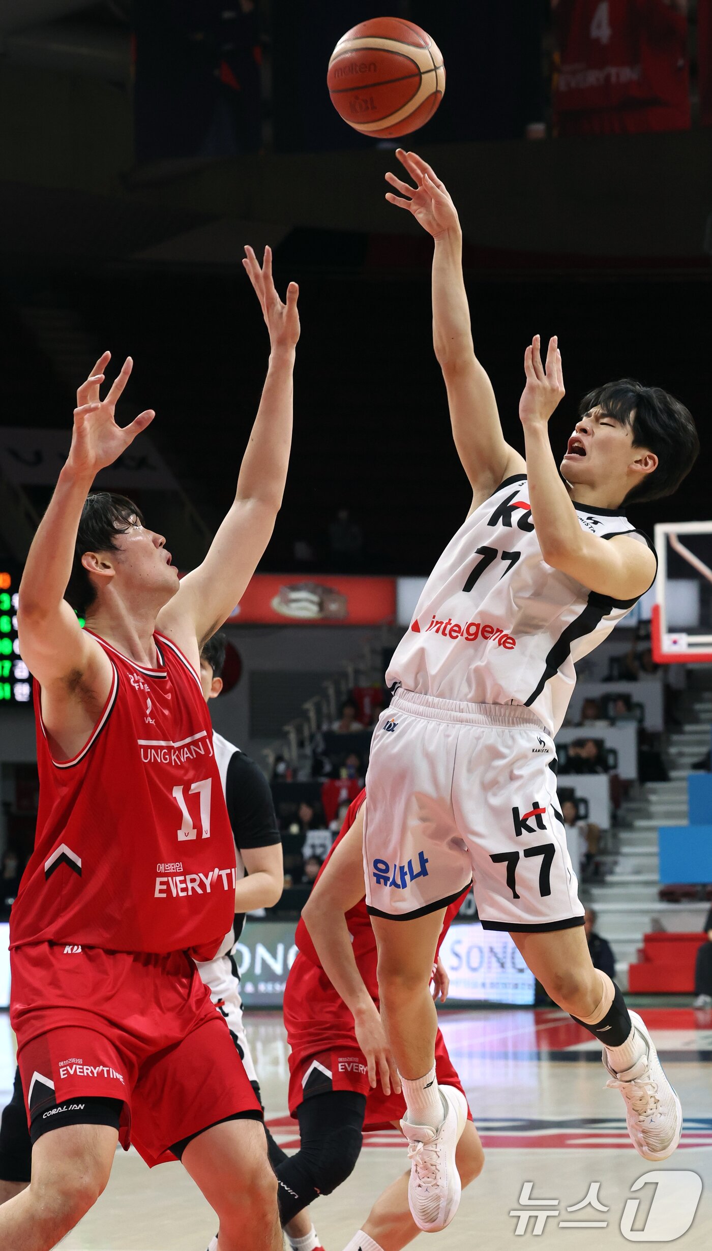 본문 이미지 - 19일 오후 경기도 안양시 안양정관장아레나에서 열린 2025-2026 LG전자 프로농구 정규리그 안양 정관장과 수원 KT의 경기에서 KT 강성욱이 점프슛을 하고 있다. 2025.11.19/뉴스1 ⓒ News1 김명섭 기자