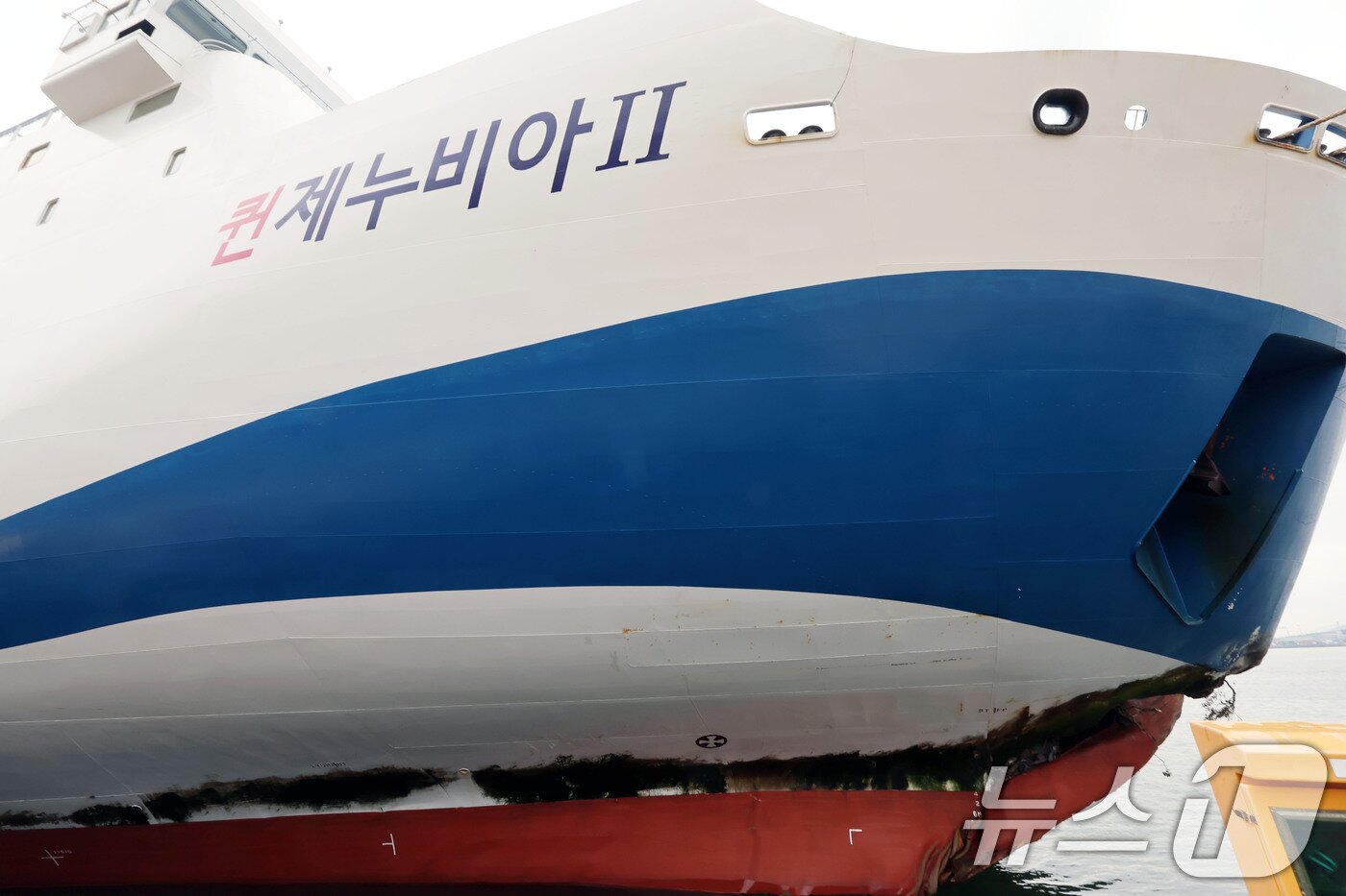 본문 이미지 - 전남 신안 해상에서 좌초된 여객선 퀸제누비아2호가 20일 전남 목포시 산정동 삼학부두에 정박해 있다. 사진은 사고 부위의 모습. 2025.11.20/뉴스1 ⓒ News1 박지현 기자