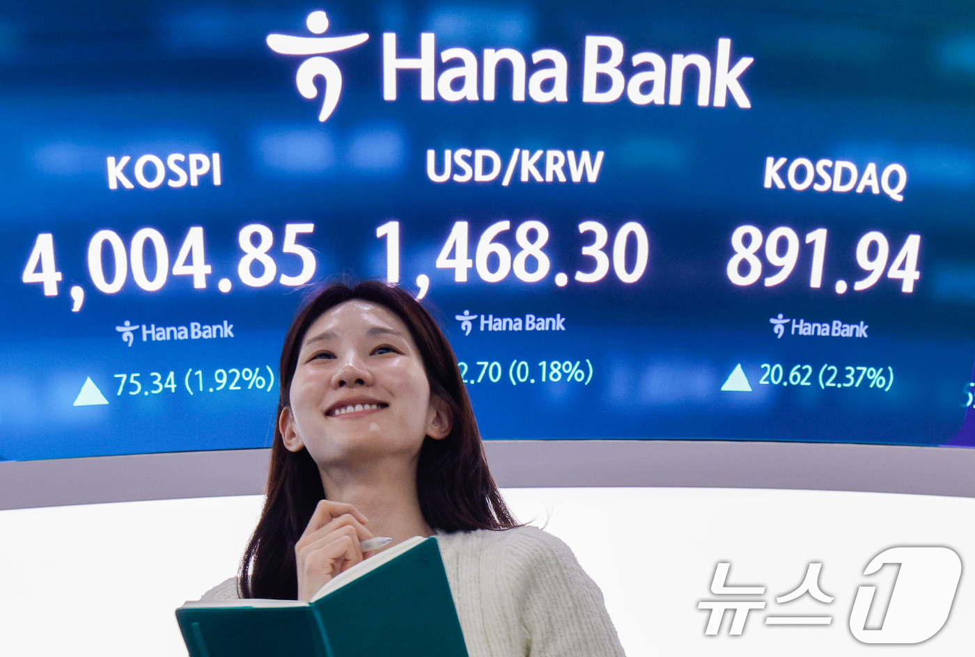 (서울=뉴스1) 안은나 기자 = 20일 오후 서울 중구 하나은행 본점 딜링룸 전광판에 종가가 나오고 있다. 이날 코스피는 75.34포인트(p)(1.92%) 상승한 4004.85, …