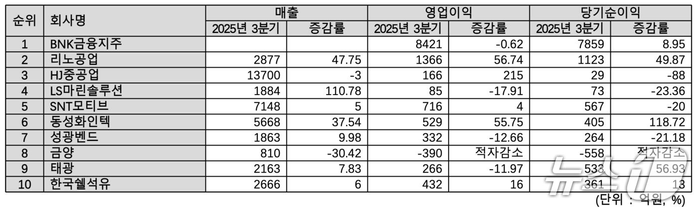 본문 이미지 - 부산 지역 시가총액 상위 10개 상장사 올해 3분기 누적 실적. 시가총액 순위는 19일 종가 기준. &#40;한국거래소 자료 갈무리. 재판매 및 DB금지&#41;