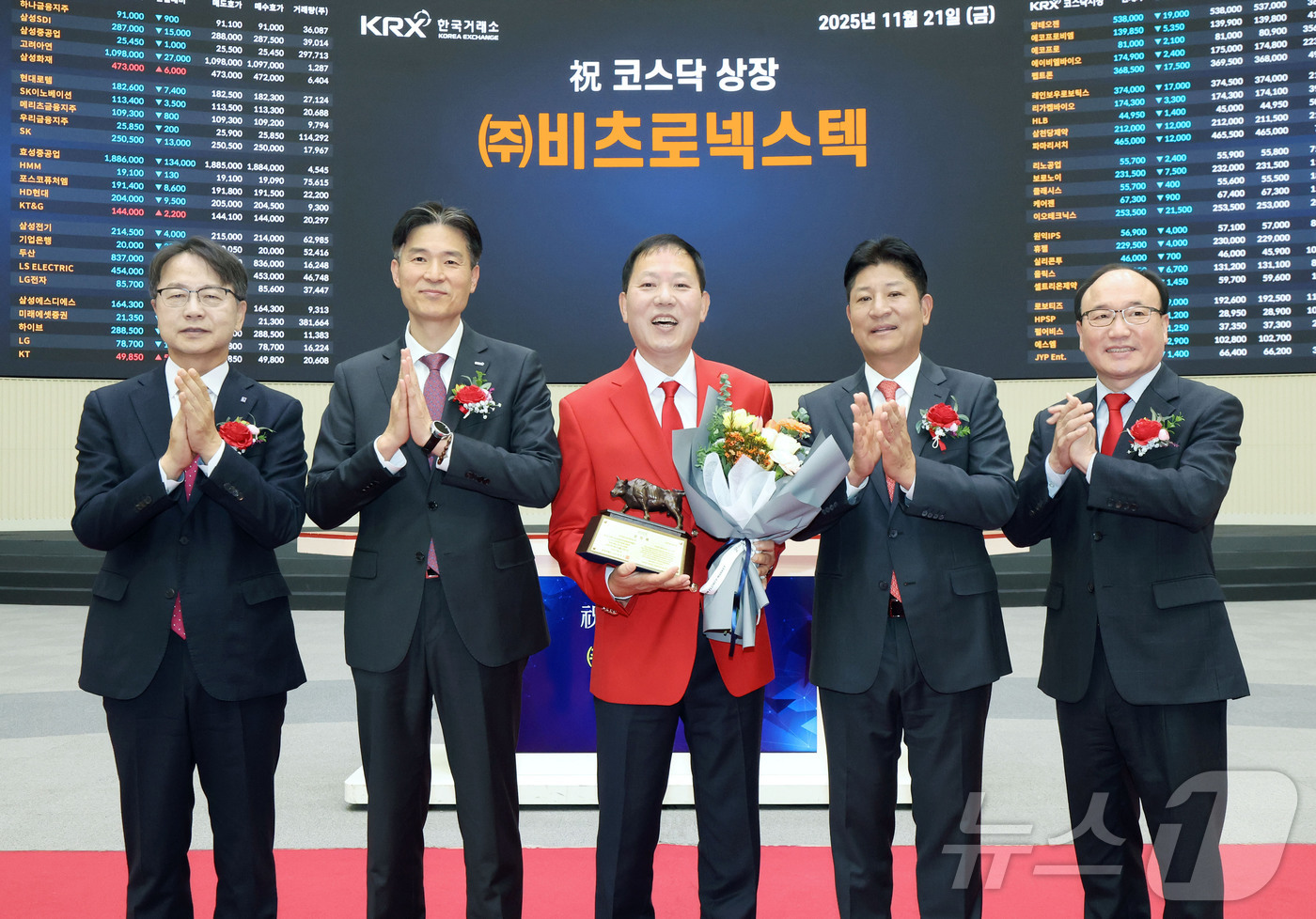 (서울=뉴스1) = 한국거래소 코스닥시장본부는 21일 오전 서울사옥 홍보관에서 비츠로넥스텍의 코스닥시장 상장기념식을 개최했다. 사진은 상장 기념식 후 기념 사진 촬영하는 김대영 한 …