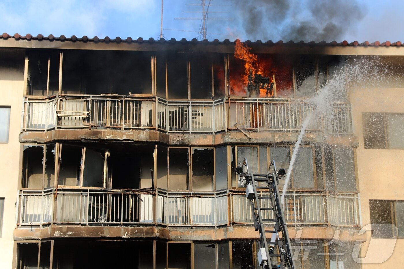 본문 이미지 - 제주소방서가 21일 오전 제주시 이도2동 이도주공 아파트에서 철거 예정 건물을 활용한 실화재 훈련에 나서고 있다. 2025.11.21/뉴스1 ⓒ News1 홍수영 기자