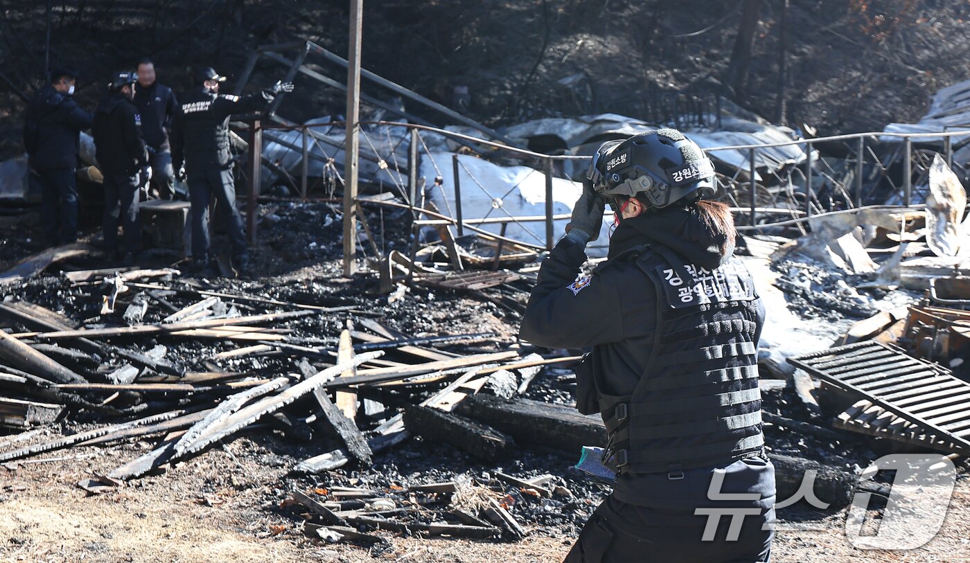 본문 이미지 - 21일 오전 강원 인제 기린면 현리 산불 현장에서 소방, 경찰 관계자들이 화재 원인을 조사하기 위해 최초 발화 추정 지점를 살펴보고 있다. 2025.11.21/뉴스1 ⓒ News1 김도우 기자