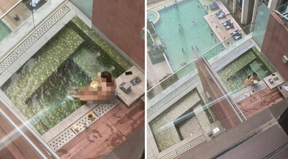 본문 이미지 - 홍콩의 한 호텔에서 커플로 추정되는 남녀가 성관계를 나누고 있다. 출처=더선