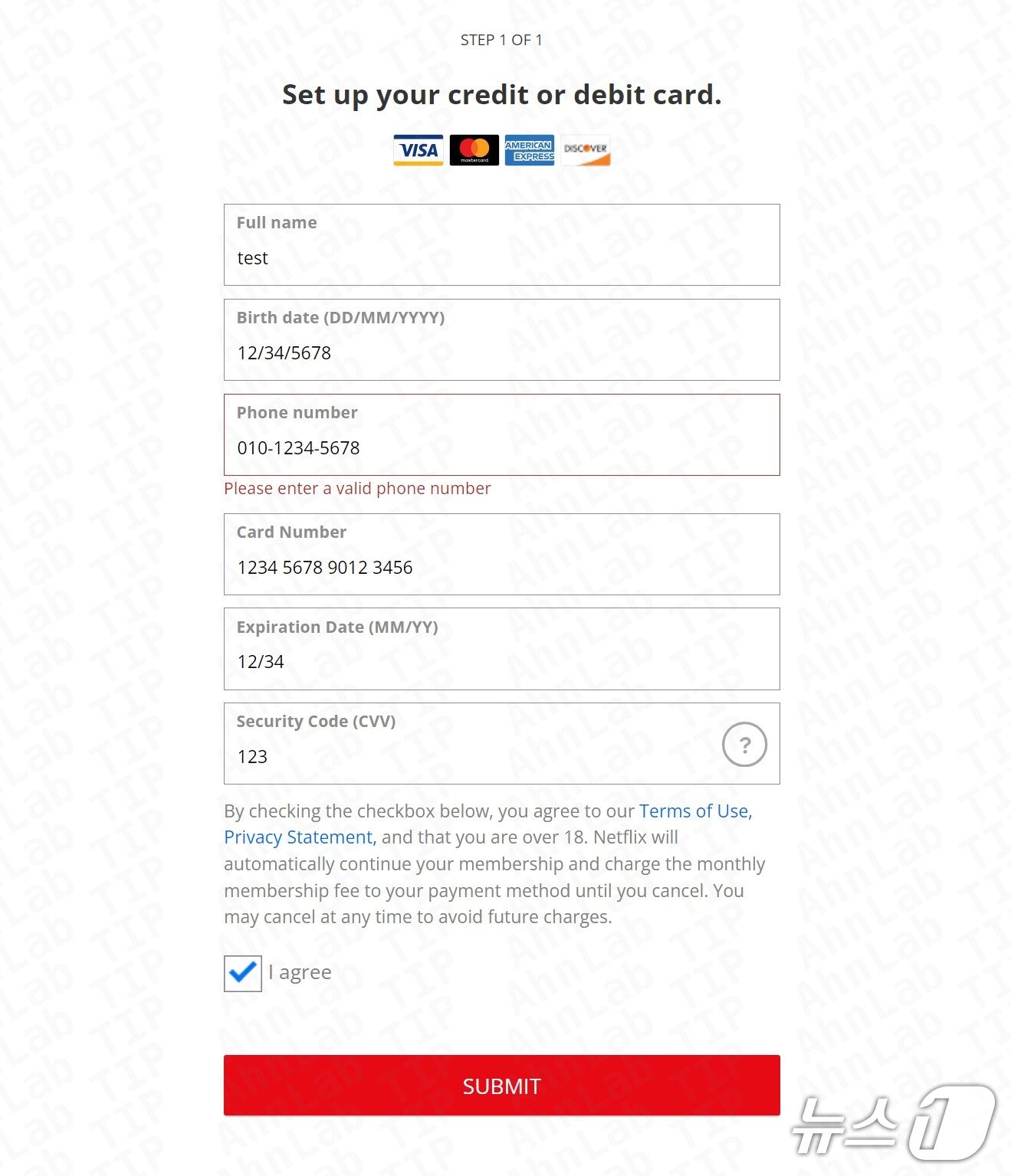 본문 이미지 - OTT 사칭 메일의 가짜 신용카드 정보 기입 페이지&#40;안랩 제공&#41;