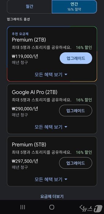 본문 이미지 - 구글 드라이브 클라우드 연간 요금 등급별 가격 갈무리 2025.11.21 뉴스1 ⓒ News1 김민석 기자