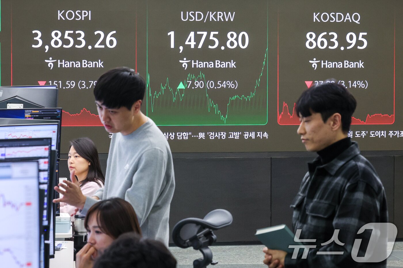 본문 이미지 - 21일 오후 서울 중구 하나은행 본점 딜링룸 전광판에 종가가 나오고 있다. 2025.11.21/뉴스1 ⓒ News1 안은나 기자