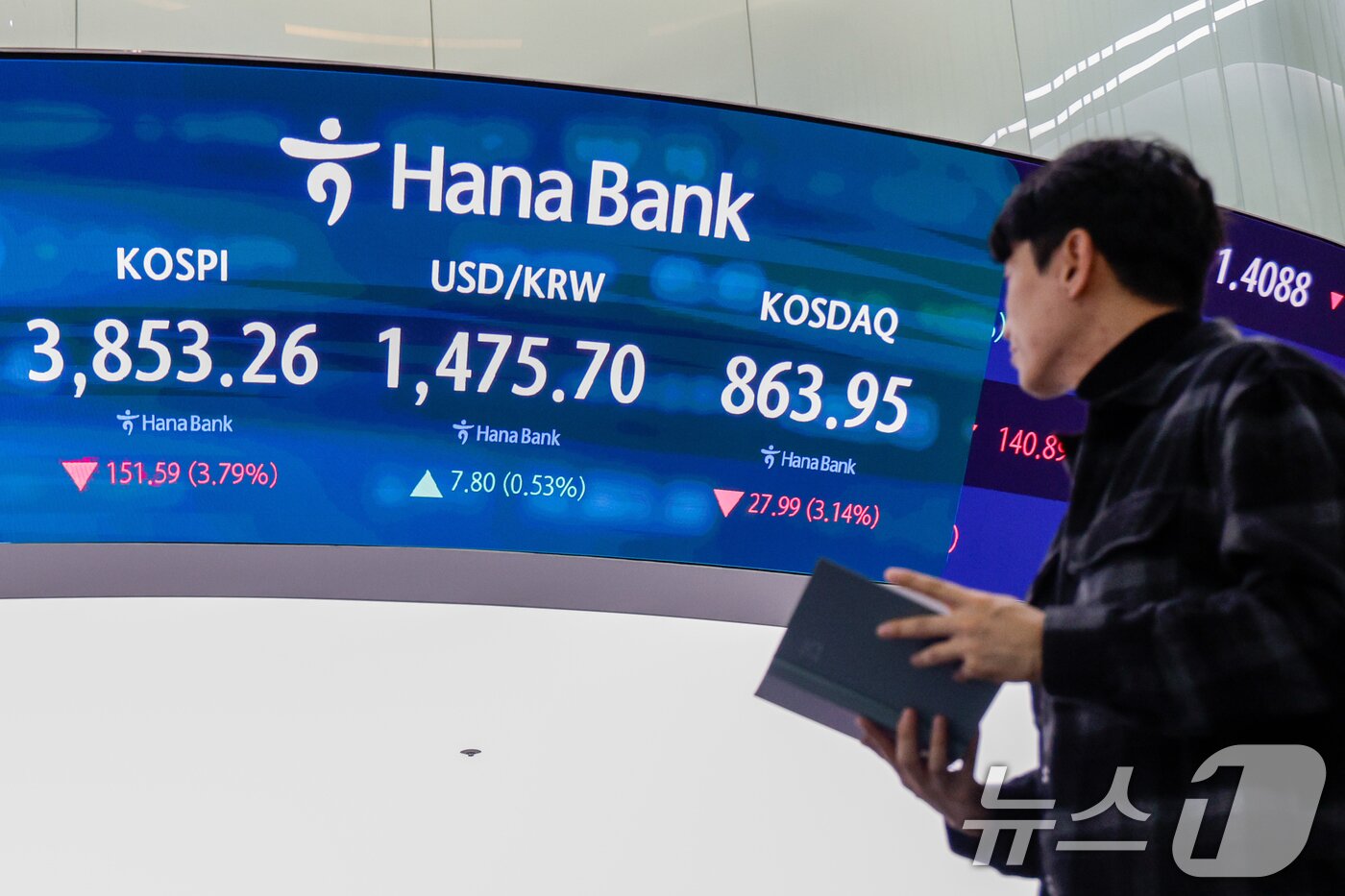 본문 이미지 - 21일 오후 서울 중구 하나은행 본점 딜링룸 전광판에 종가가 나오고 있다. 2025.11.21/뉴스1 ⓒ News1 안은나 기자