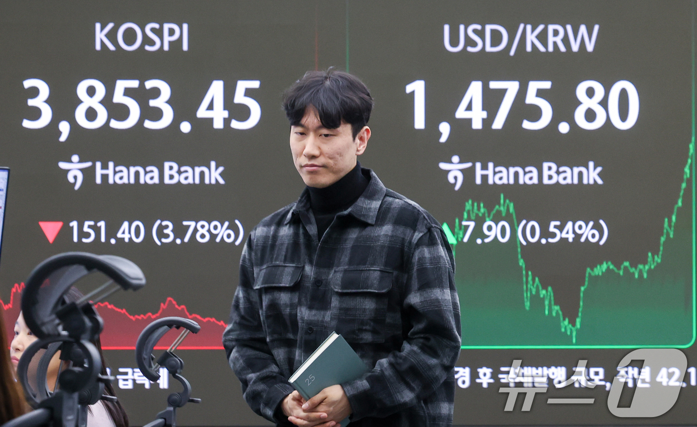 (서울=뉴스1) 안은나 기자 = 21일 오후 서울 중구 하나은행 본점 딜링룸 전광판에 종가가 나오고 있다. 이날 코스피는 전일 대비 151.59포인트(p)(3.79%) 하락한 38 …