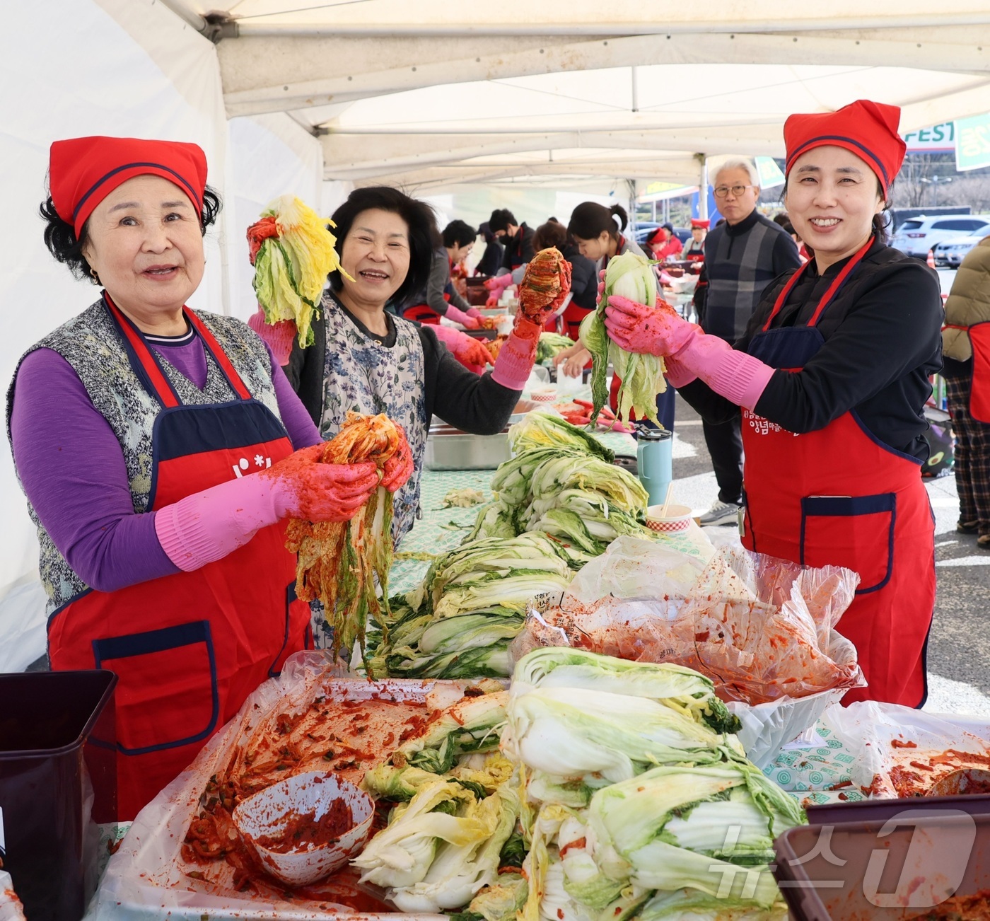 (임실=뉴스1) = 21일 전북 임실군 임실치즈테마크에서 열린 '2025 임실 아삭아삭 김장 페스티벌'에서 김장을 하기 위한 체험객들이 맛있게 배추와 양념을 버무리고 있다.21일부 …