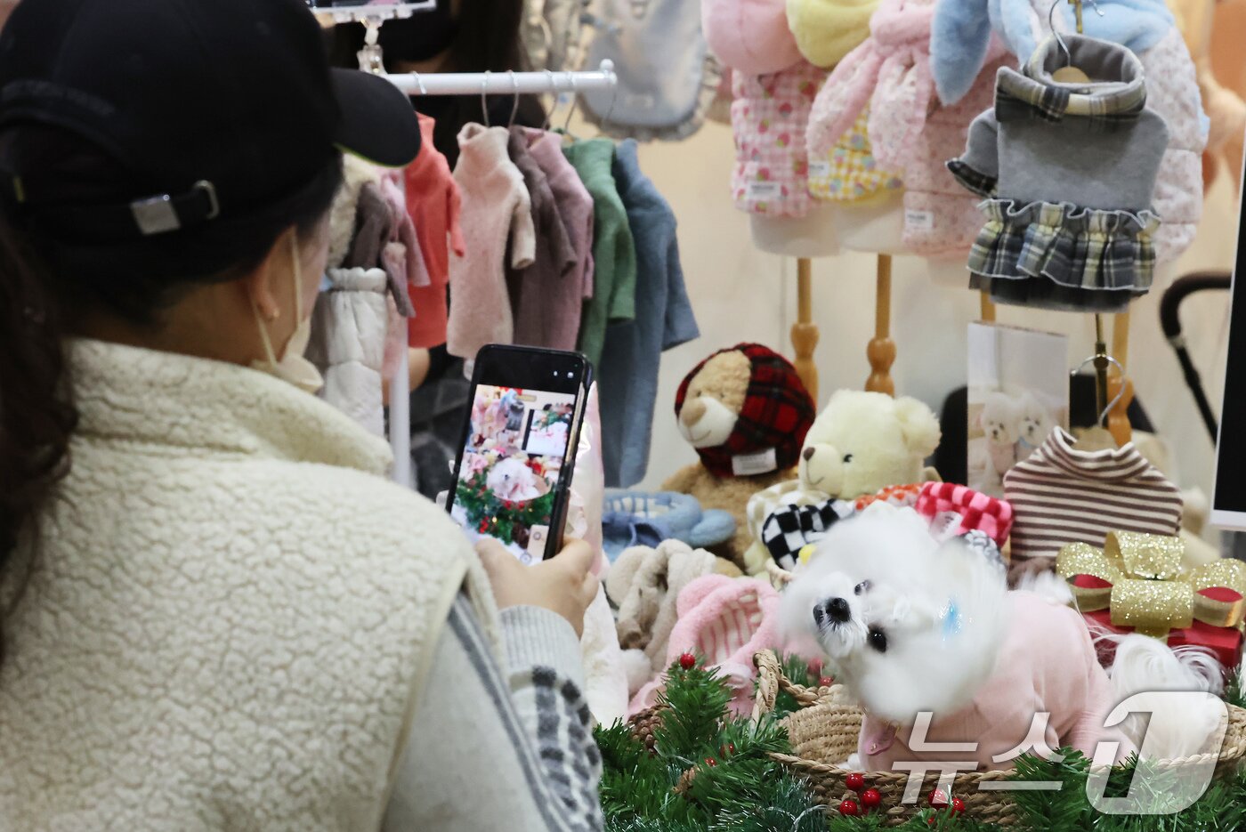 본문 이미지 - 23일 경기 고양시 킨텍스에서 진행중인 '2025 메가주 일산'을 찾은 관람객이 반려견 사진을 촬영하고 있다. 2025.11.23/뉴스1 ⓒ News1 장수영 기자