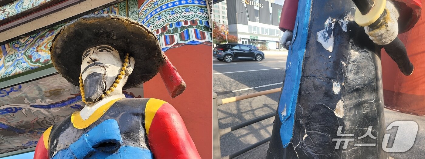 본문 이미지 - 지난 20일 오후 2시께 찾은 전북 전주시 완산구 여의동의 호남제일문 앞 수문장 조형물이 파손돼 있다. 2025.11.20/뉴스1 문채연 기자