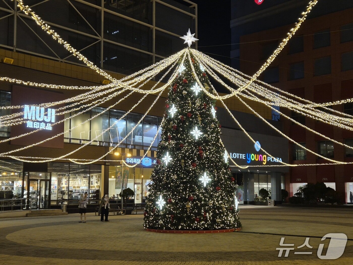 본문 이미지 - 23일 시민들이 롯데백화점 울산점 광장에 설치된 거대 크리스마스 트리를 감상하고 있다. 2025.11.23/뉴스1ⓒ 뉴스1 박정현 기자