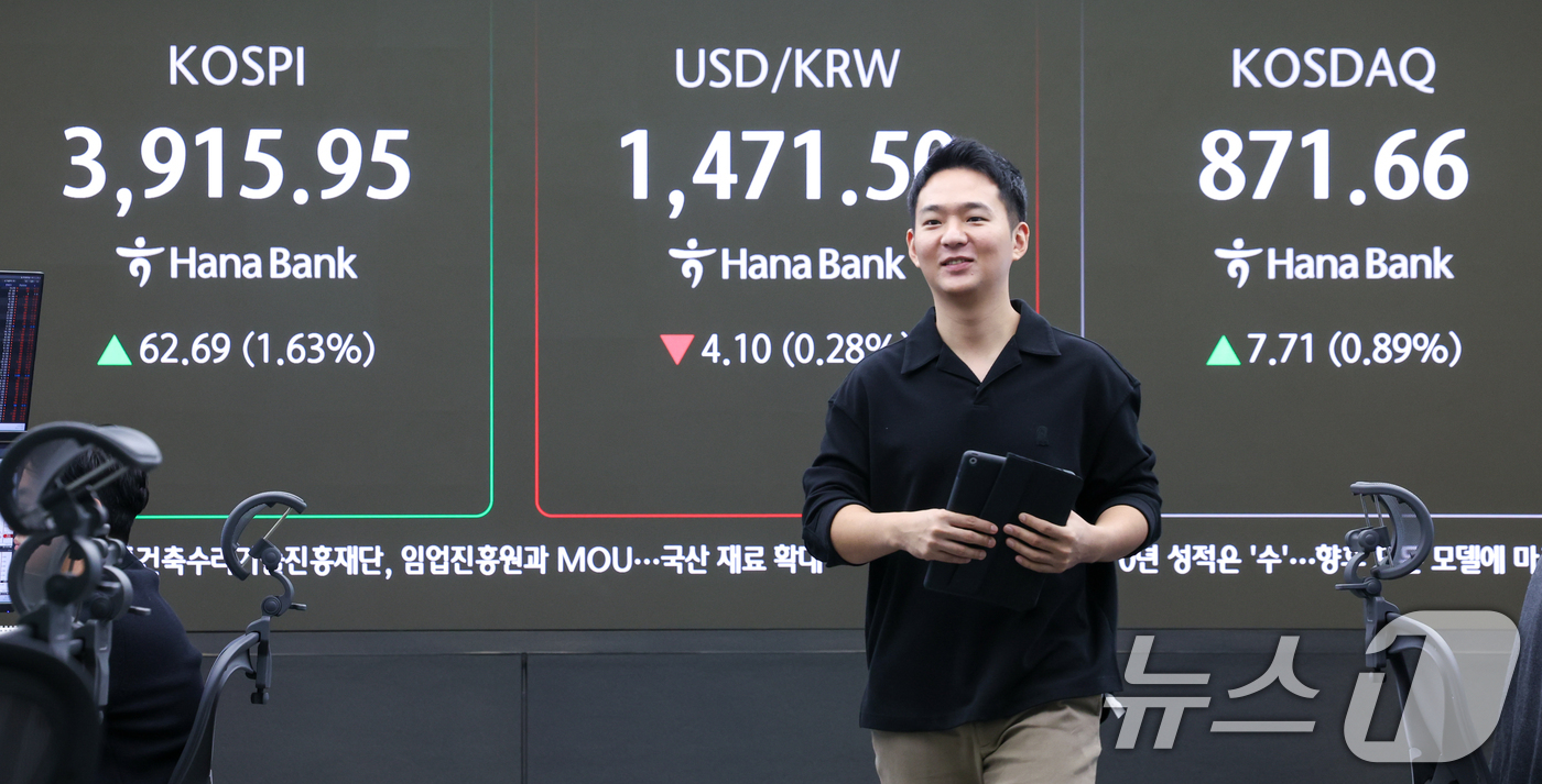 (서울=뉴스1) 안은나 기자 = 24일 오전 서울 중구 하나은행 본점 딜링룸 전광판에 코스피, 코스닥 지수와 달러·원 환율 개장 후 시황이 나오고 있다. 2025.11.24/뉴스1 …