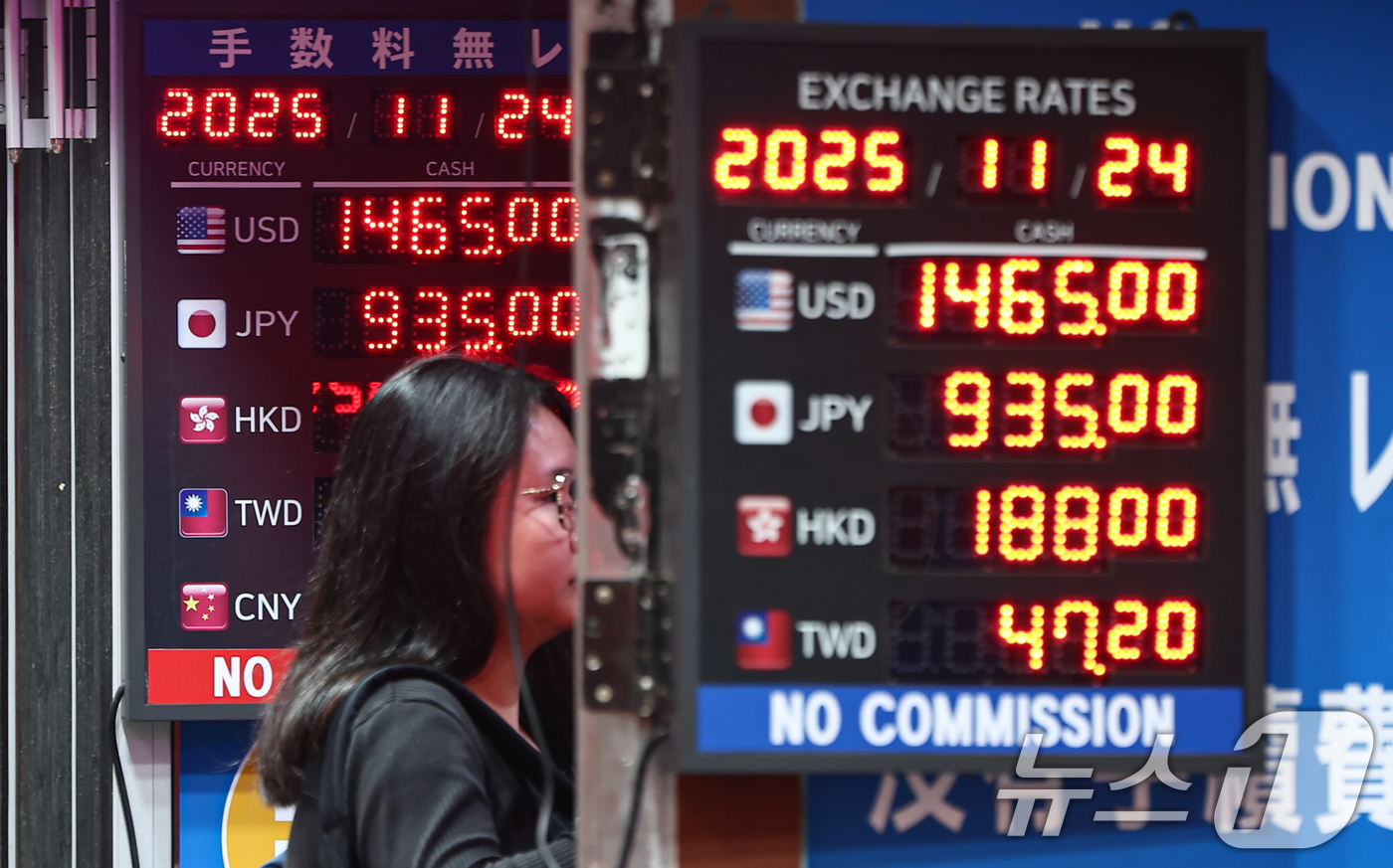 (서울=뉴스1) 김도우 기자 = 원·달러 환율이 고공행진을 이어가는 24일 서울 중구 명동거리의 환전소에 환율정보가 표시돼 있다. 2025.11.24/뉴스1