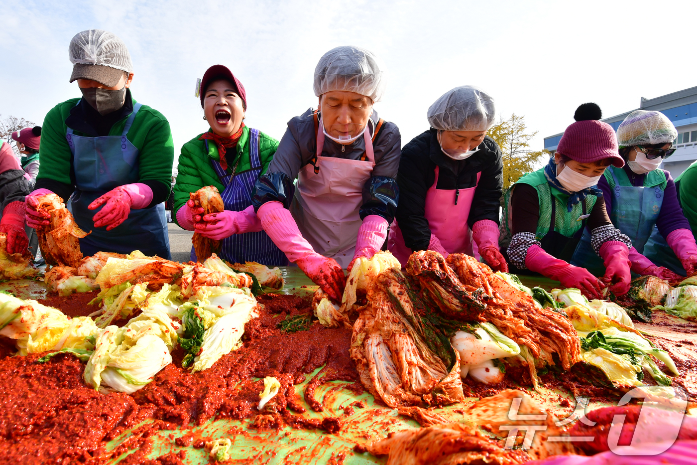 (포항=뉴스1) 최창호 기자 = 이강덕 경북 포항시장과 부인 최혜련 여사가 24일 포항실내체육관 앞에서 열린 2025 포항시새마을회 사랑의김장담그기 행사에서 배추를 버무리고 있다. …
