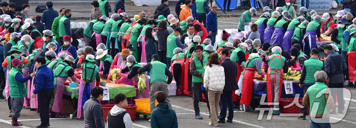 (포항=뉴스1) 최창호 기자 = 24일 경북 포항실내체육관 앞에서 열린 2025 포항시새마을회 사랑의김장담그기 행사에서 새마을회원들이 배추를 버무리고 있다. 2025.11.24/뉴 …