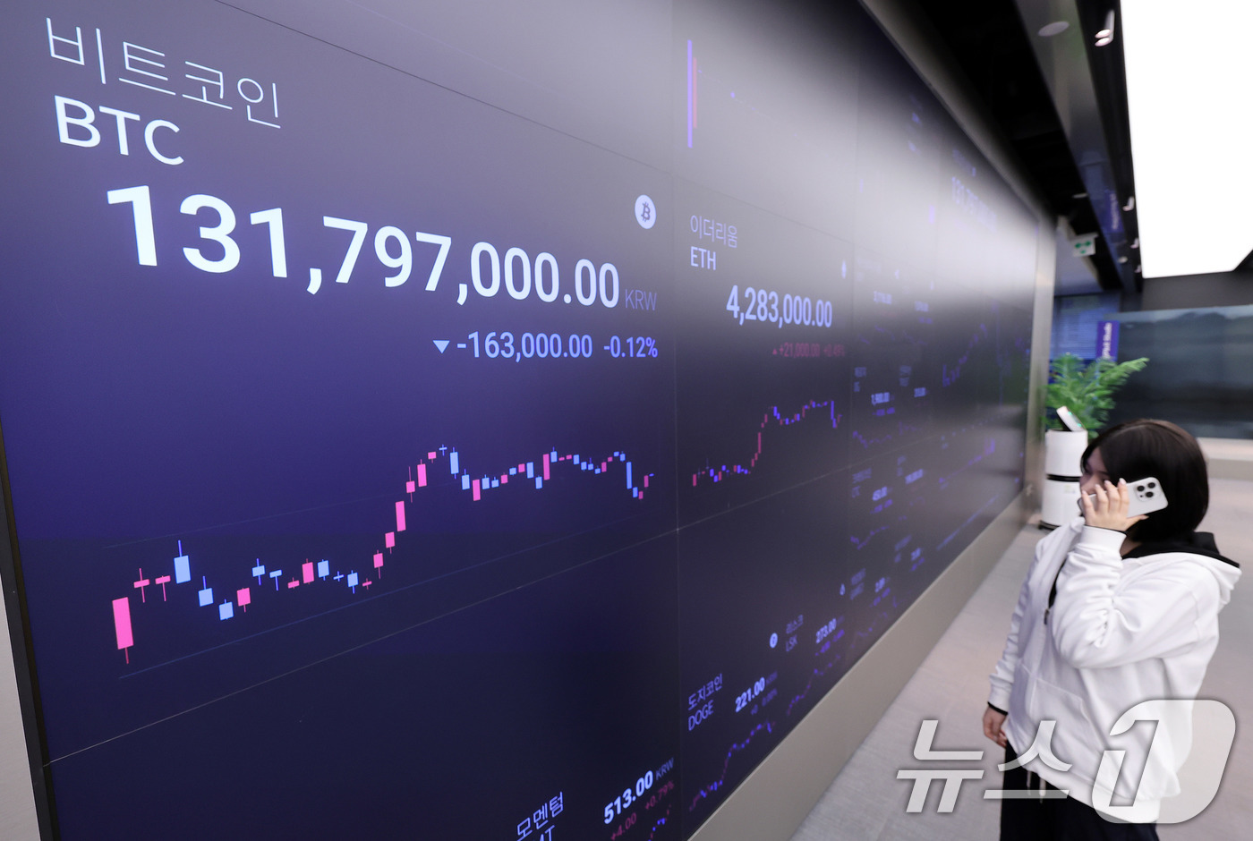 (서울=뉴스1) 박지혜 기자 = 24일 서울 강남구 업비트 라운지 전광판에 비트코인 시세가 표시되고 있다.최근 한 달간 20% 넘게 하락한 비트코인은 주말 동안 일부 반등했지만, …