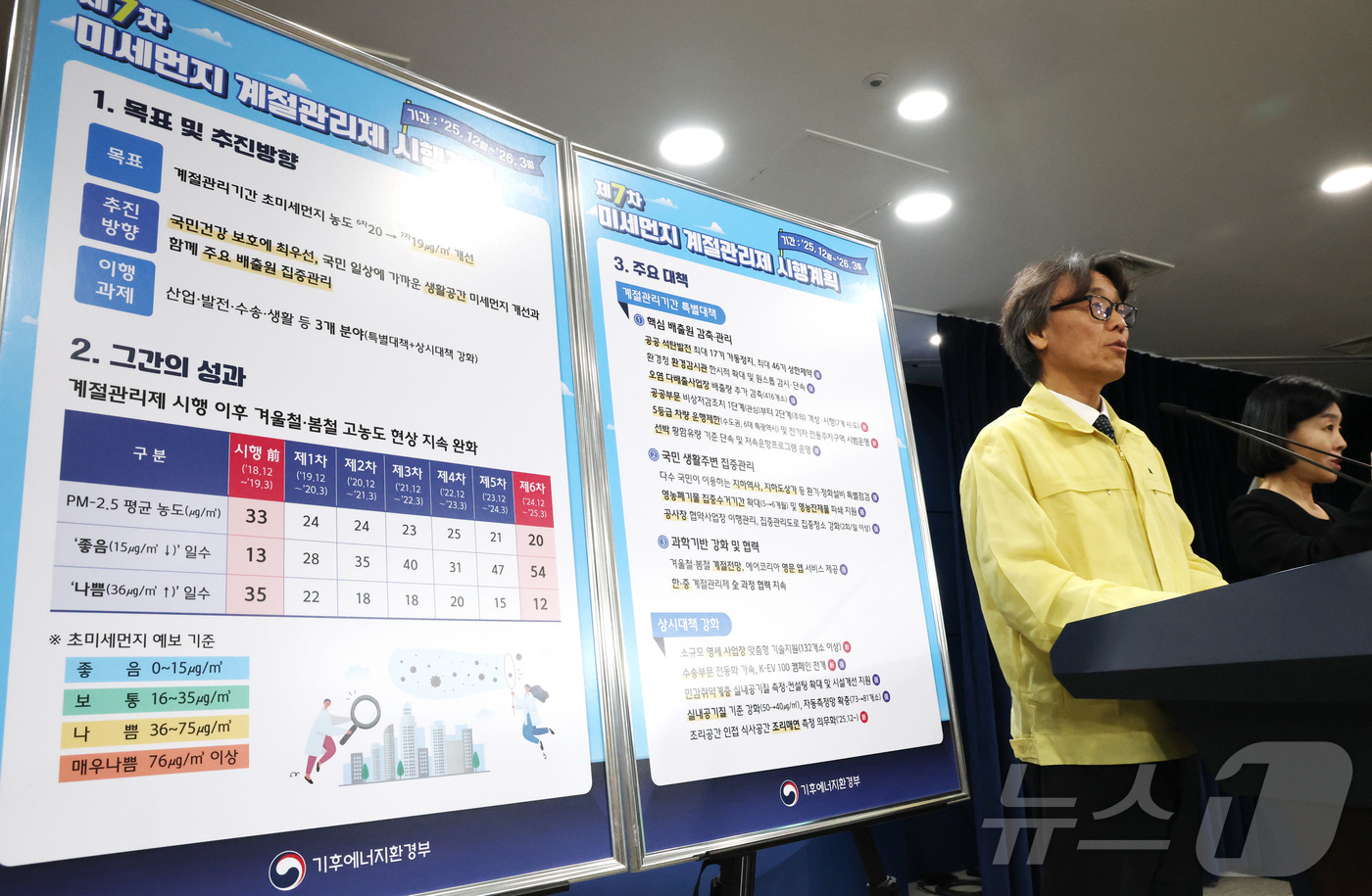 (서울=뉴스1) 임세영 기자 = 금한승 기후에너지환경부 1차관이 지난 24일 서울 종로구 정부서울청사에서 제7차 미세먼지 계절관리제 시행계획을 브리핑하고 있다. 2025.11.25 …