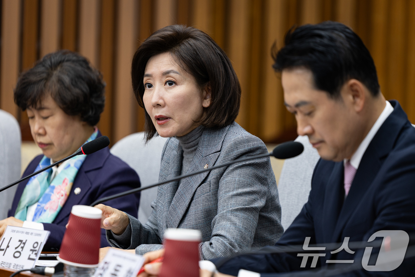 (서울=뉴스1) 유승관 기자 = 국회 법제사법위원회 나경원 국민의힘 의원이 24일 서울 여의도 국회에서 열린 정책위원회·법사위원회 주최 대장동 범죄수익 환수 특별법 제정을 위한 긴 …