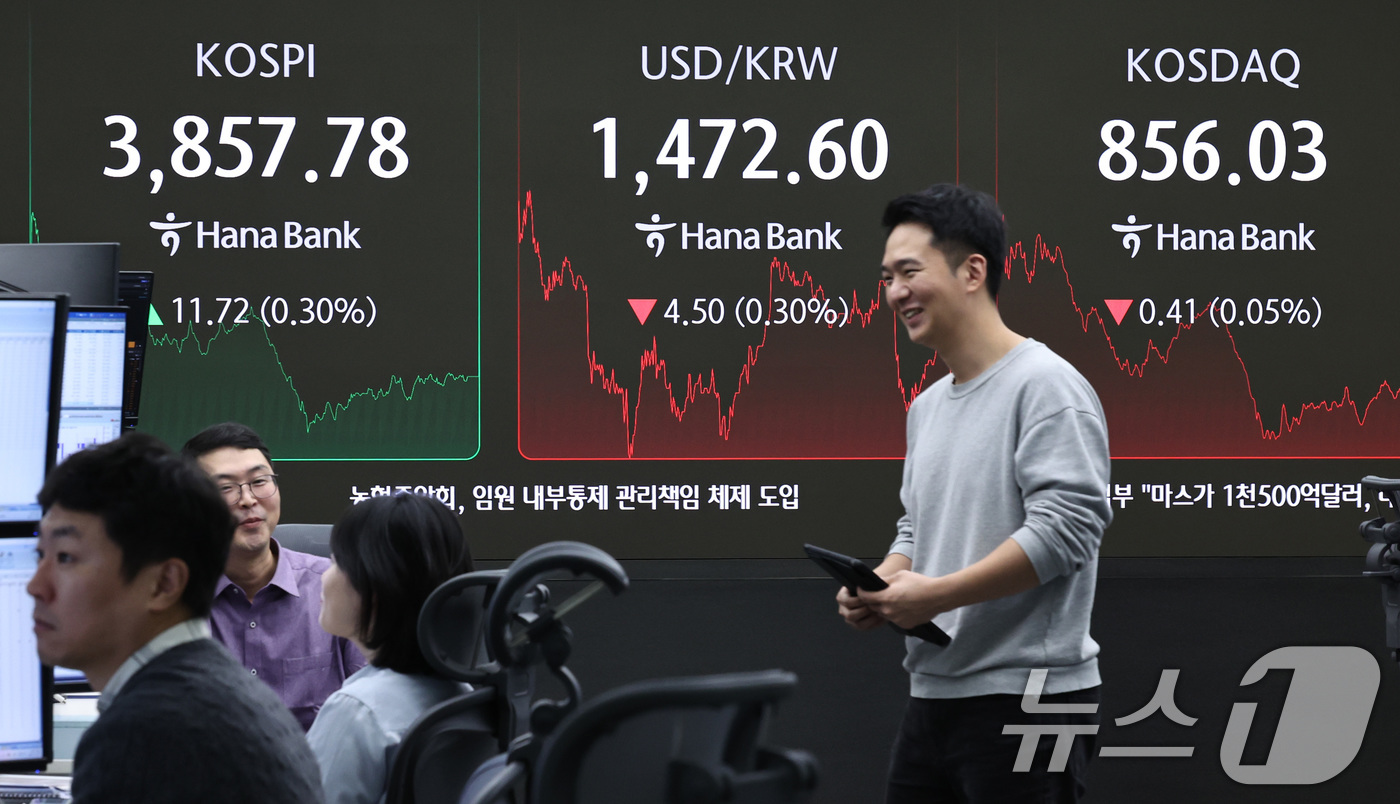 (서울=뉴스1) 구윤성 기자 = 25일 오후 서울 중구 하나은행 딜링룸 전광판에 코스피 지수가 전 거래일 대비 11.72포인트(0.3%) 오른 3857.78을 나타내고 있다. 코스 …