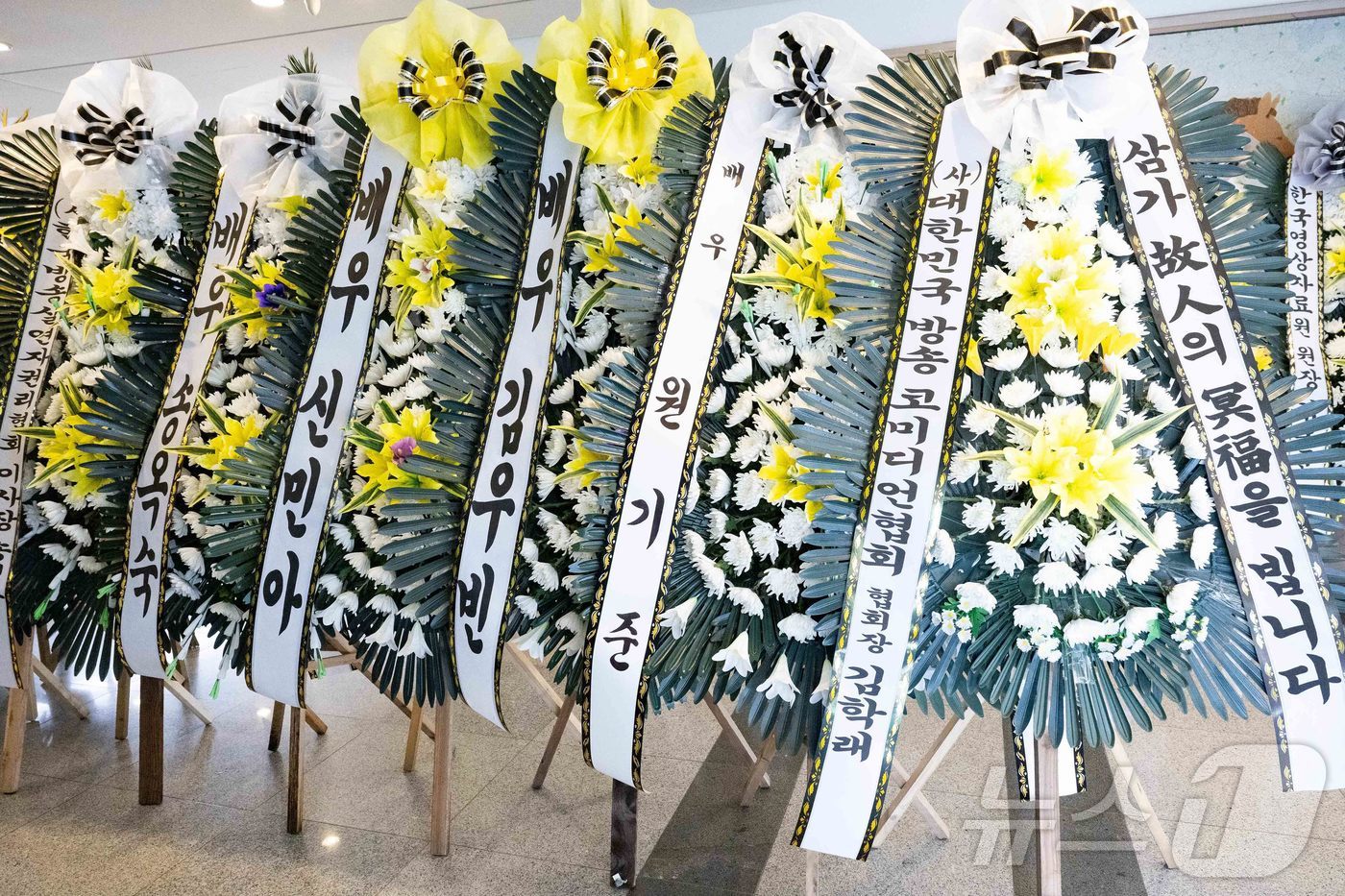 (서울=뉴스1) 사진공동취재단 = 25일 서울 송파구 서울아산병원 장례식장에 차려진 배우 고 이순재씨의 빈소에 동료 배우들과 관계자들이 보낸 근조화환이 줄지어 서 있다. 2025. …