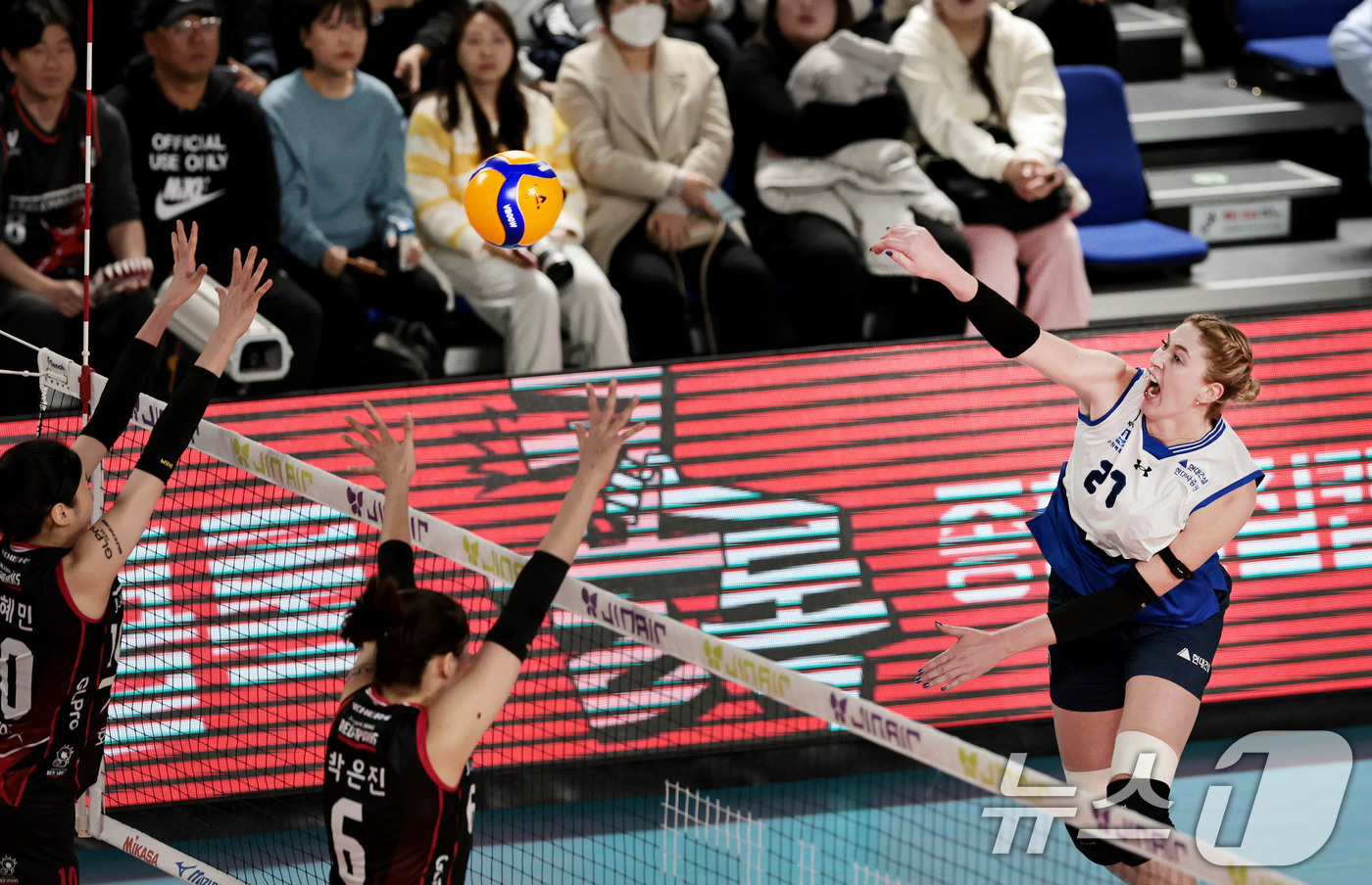 (서울=뉴스1) = 현대건설 카리 가이스버거가 25일 대전 충무체육관에서 열린 진에어 2025-2026V리그 여자부 정관장과의 경기에서 스파이크를 하고 있다. (현대건설 배구단 제 …
