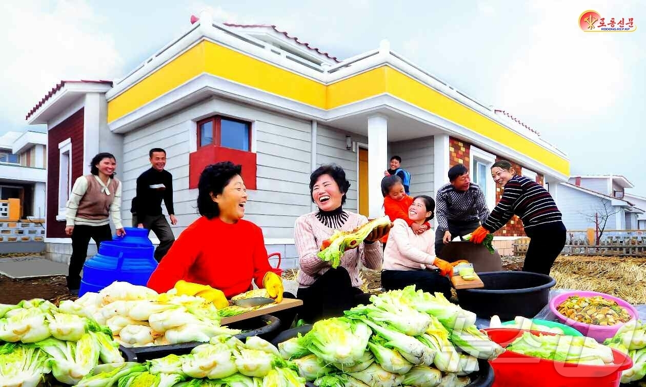 (평양 노동신문=뉴스1) = 북한 노동당 기관지 노동신문은 26일 삼석구역 장수원동의 한 가정이 겨울철 김장에 나선 모습을 조명했다. [국내에서만 사용가능. 재배포 금지. DB 금 …