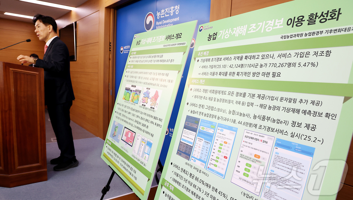 (세종=뉴스1) 김기남 기자 = 이상재 국립농업과학원장 직무대리가 26일 세종시 정부세종청사에서 농업기상재해 조기경보시스템의 전국 서비스 실시 내용을 발표하고 있다.농업기상재해 조 …