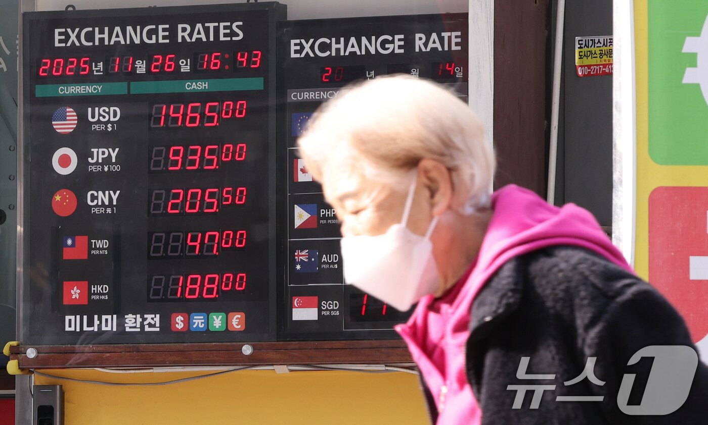 본문 이미지 - 원·달러 환율의 고공행진이 계속되는 26일 서울 명동거리의 한 환전소에 원달러 환율 등 시세가 안내되고 있다. 2025.11.26/뉴스1 ⓒ News1 허경 기자