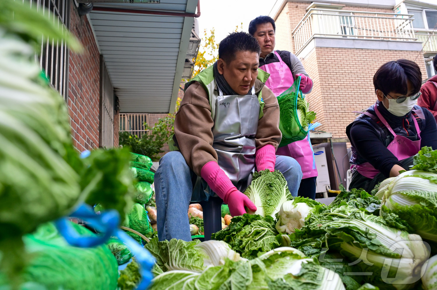 (서울=뉴스1) = 농협유통은 임직원들이 본격적인 김장철을 맞아 어려운 이웃을 위해 새빛맹인선교회에 김장재료 기부와 함께 김치 담그는 일손을 도왔다고 26일 밝혔다. 사진은 김치 …