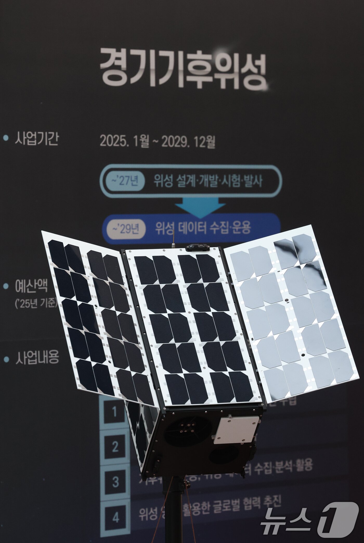 본문 이미지 - ‘경기기후위성’ 1호기 발사를 하루 앞둔 25일 경기 수원시 영통구 경기신용보증재단 도민쉼터에 마련된 경기기후위성 임시상황실에 &#39;경기기후위성&#39; 모형이 전시되어 있다. 2025.11.26/뉴스1 ⓒ News1 김영운 기자