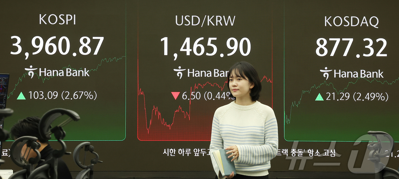 (서울=뉴스1) 김진환 기자 = 26일 오후 서울 중구 하나은행 딜링룸 전광판에 코스피 지수가 전 거래일 대비 103.09포인트(2.67%) 오른 3960.87을 나타내고 있다.코 …