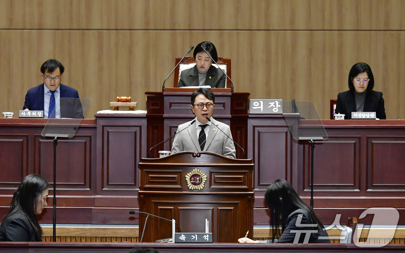 (광주=뉴스1) 박준배 기자 = 박수기 광주시의원이 26일 제2차 정례회 본회의에서 5분 자유발언을 하고 있다. (광주시의회 제공. 재판매 및 DB 금지) 2025.11.26/뉴스 …