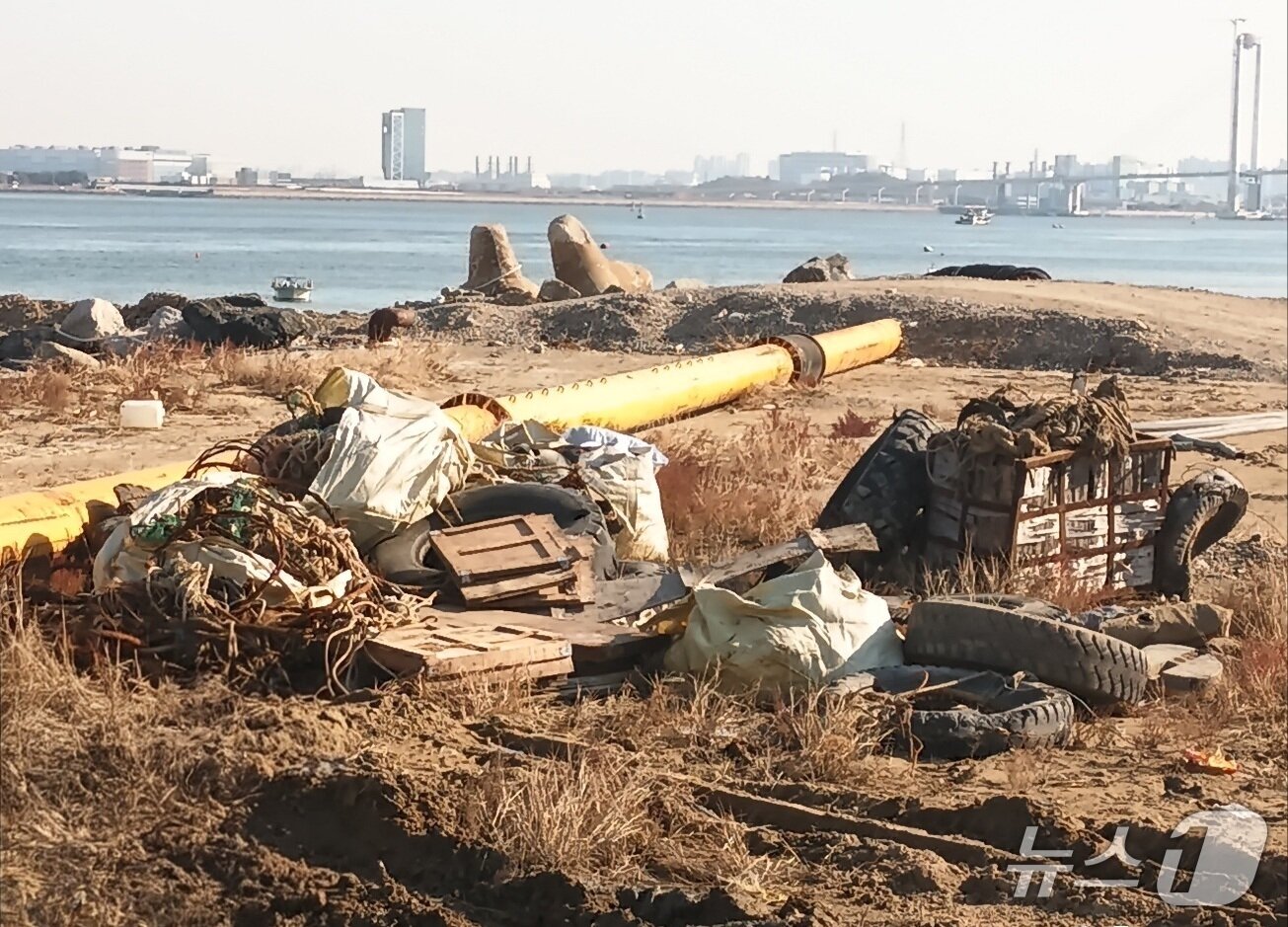 본문 이미지 - 영종도 준설토 투기장에 각종 산업 폐기물들이 널려 있다. 뉴스1 ⓒ News1 유준상 기자