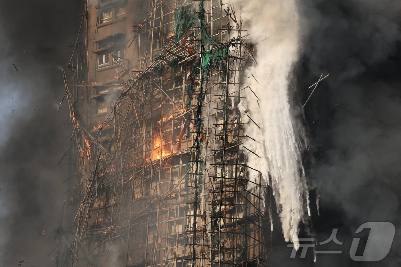 본문 이미지 - 홍콩 초고층 아파트 보수 공사에 쓰인 대나무 비계 ⓒ 로이터=뉴스1 ⓒ News1 구경진 기자
